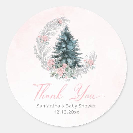 Christmas tree Pink Silver Thank you Ronde Sticker (Voorkant)
