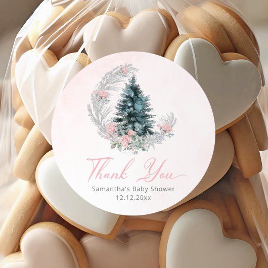 Christmas tree Pink Silver Thank you Ronde Sticker