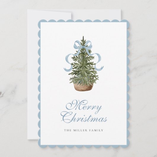 Christmas Tree Preppy Bow Blue Christmas Feestdagenkaart (Voorkant)
