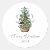 Christmas Tree Preppy Bow Blue Christmas Ronde Sticker (Voorkant)