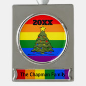 Christmas Tree | Rainbow Ornament | Names and Year Verzilverd Banner Ornament (Voorkant)