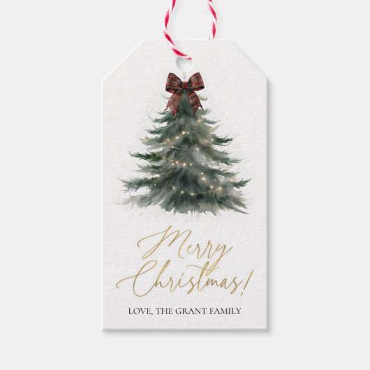 Christmas Tree Red Plaid Bow Holiday Cadeaulabel (Voorkant)