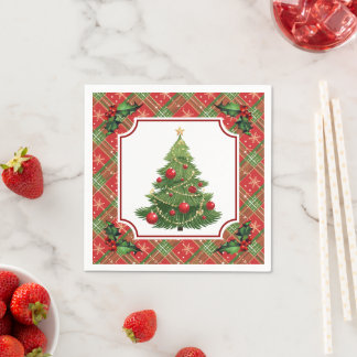 Christmas Tree Red Plaid with Holly Servet
