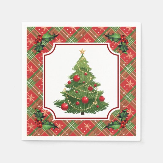 Christmas Tree Red Plaid with Holly Servet (Voorkant)