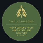 Christmas Tree retour adreslabel - Groen Ronde Sticker<br><div class="desc">Een elegant feestelijk retour adreslabel met een gouden faux folie kerstboom en gouden aangepaste naam / adresgegevens. Voeg eenvoudig uw aangepaste tekst toe.</div>