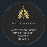 Christmas Tree retour adreslabel - Zwart Ronde Sticker<br><div class="desc">Een sierlijk feestelijk retour adreslabel met een gouden faux folie kerstboom en witte aangepaste naam / adresgegevens. Voeg eenvoudig uw aangepaste tekst toe.</div>