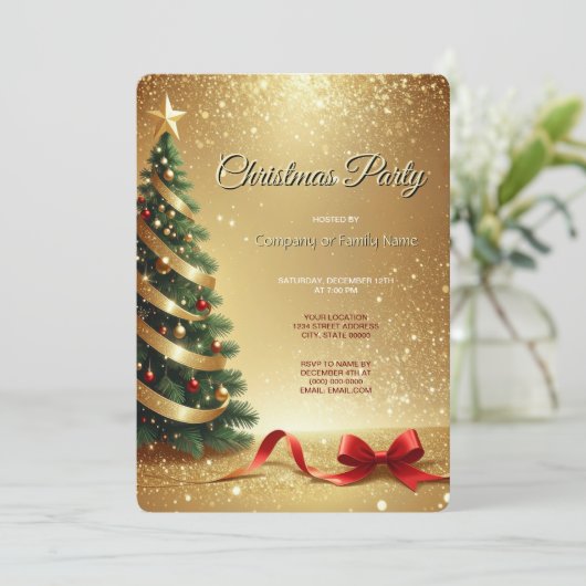 Christmas Tree Ribbons Holiday Party Invitation Kaart (Staand voorkant)