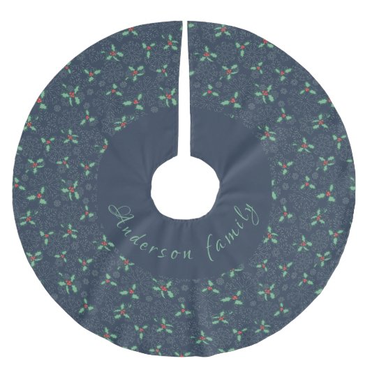Christmas tree skirt, holly and snowflakes on blue kerstboom rok (Voorkant)