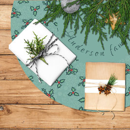 Christmas tree skirt, holly and snowflakes on blue kerstboom rok