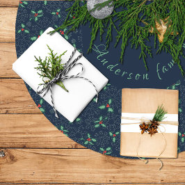 Christmas tree skirt, holly and snowflakes on blue kerstboom rok