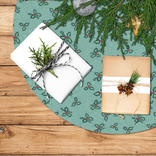 Christmas tree skirt, holly and snowflakes on blue kerstboom rok