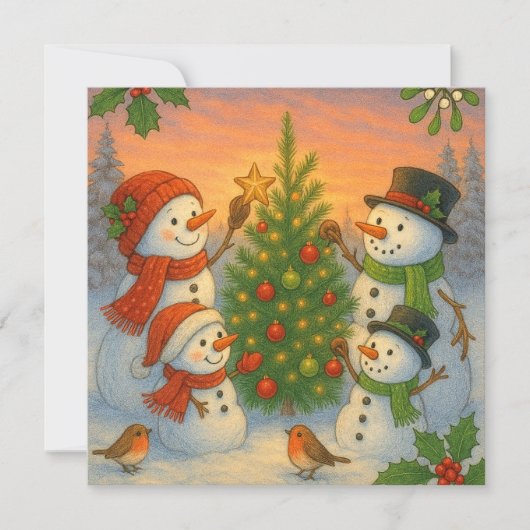 Christmas Tree Snowman Family In Snowy Sunset Feestdagenkaart (Voorkant)