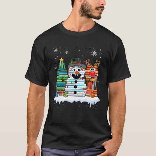 Christmas Tree Snowman Reindeer Book Stack Librari T-shirt (Voorkant)