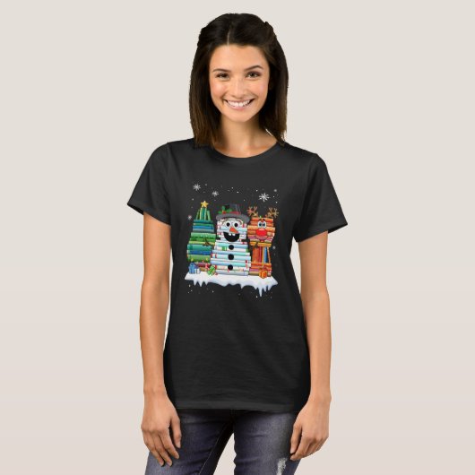 Christmas Tree Snowman Reindeer Book Stack Librari T-shirt (Voorkant volledig)