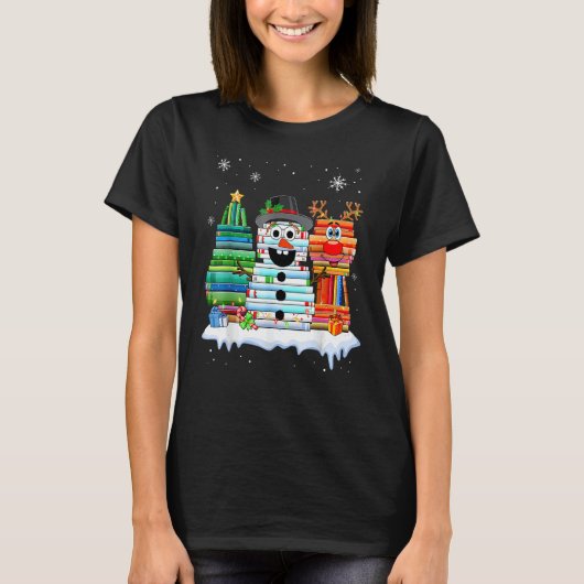 Christmas Tree Snowman Reindeer Book Stack Librari T-shirt (Voorkant)