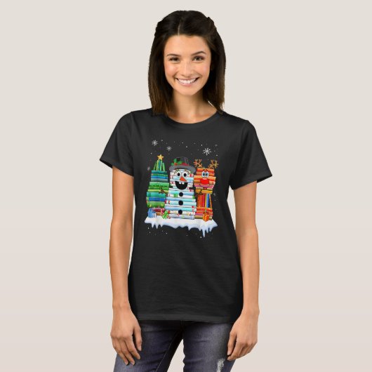 Christmas Tree Snowman Reindeer Book Stack Librari T-shirt (Voorkant volledig)