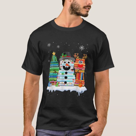 Christmas Tree Snowman Reindeer Book Stack Tee Lib T-shirt (Voorkant)