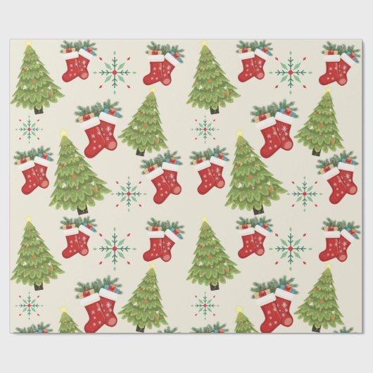 Christmas Tree, Stocking & Snowflake WrappingPaper Cadeaupapier (Vlak)
