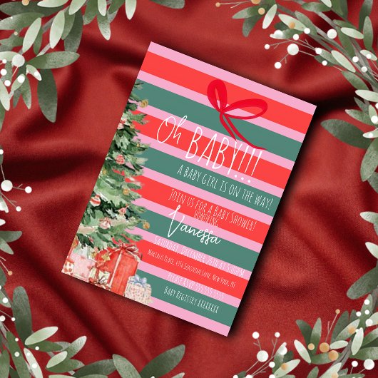 Christmas Tree Stripes Girls Baby Shower   Kaart