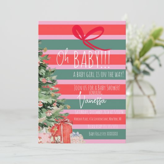 Christmas Tree Stripes Girls Baby Shower Kaart (Staand voorkant)