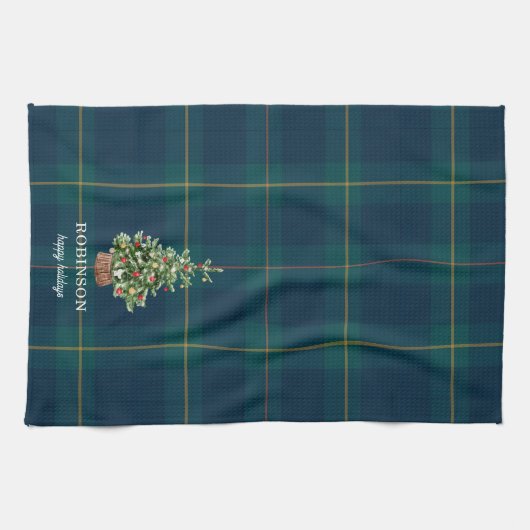 Christmas Tree Tartan Plaid Family Name Theedoek (Horizontaal)