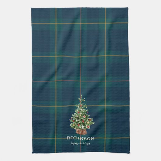 Christmas Tree Tartan Plaid Family Name Theedoek (Verticaal)