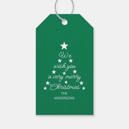 Christmas Tree Typography Green White Stars & Name Cadeaulabel (Voorkant)