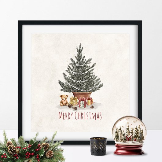 Christmas Tree With Gifts and Teddy Bear Print