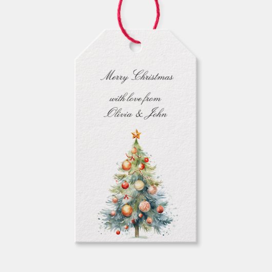 Christmas Tree with Orange Red Ornaments Cadeaulabel (Voorkant)