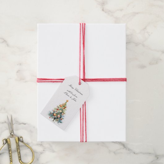 Christmas Tree with Orange Red Ornaments Cadeaulabel (Met Touw)