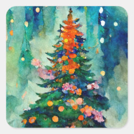 Christmas Tree with sparkly lights w/ snowy trees  Vierkante Sticker
