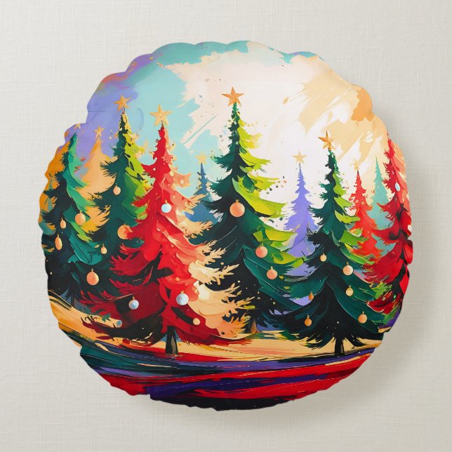 Christmas Trees painting Landscape   Rond Kussen (Voorkant)