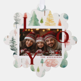 Christmas Trees Red Joy Pastel Watercolor Photo  Ornament Kaart