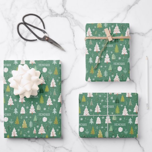 Christmas Trees Repeating Name Personalized Inpakpapier Vel (Voorkant)