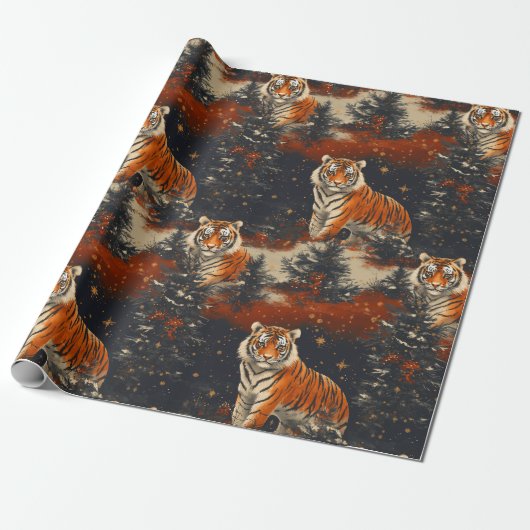 Christmas Trees & Tigers patroon Cadeaupapier (Uitgerold)