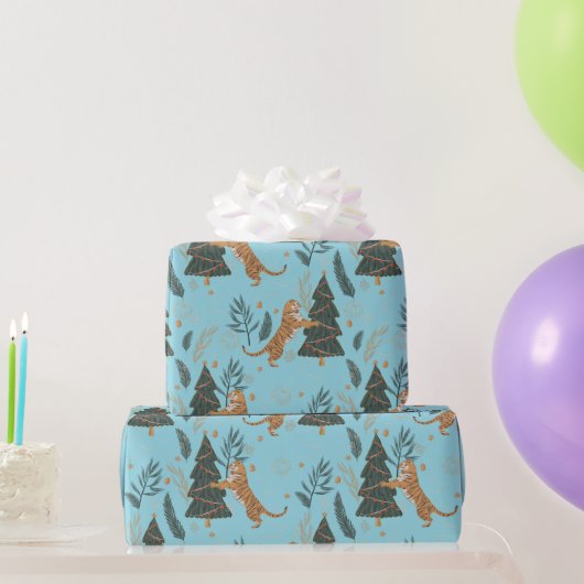 Christmas trees & tigers pattern Blue background Cadeaupapier (Feestgeschenken)