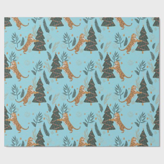 Christmas trees & tigers pattern Blue background Cadeaupapier (Vlak)