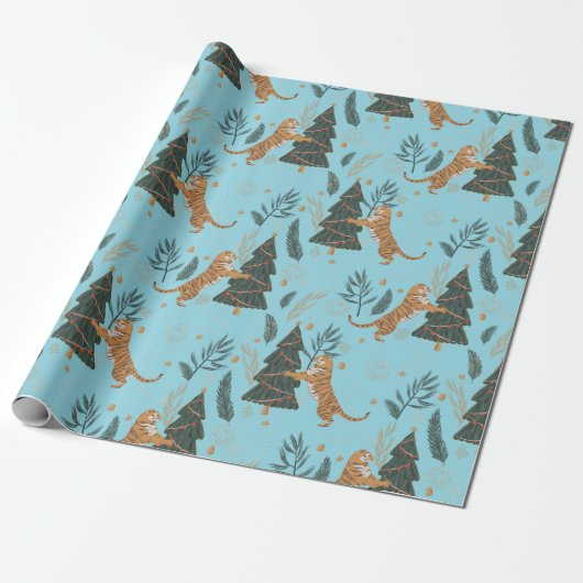 Christmas trees & tigers pattern Blue background Cadeaupapier (Uitgerold)