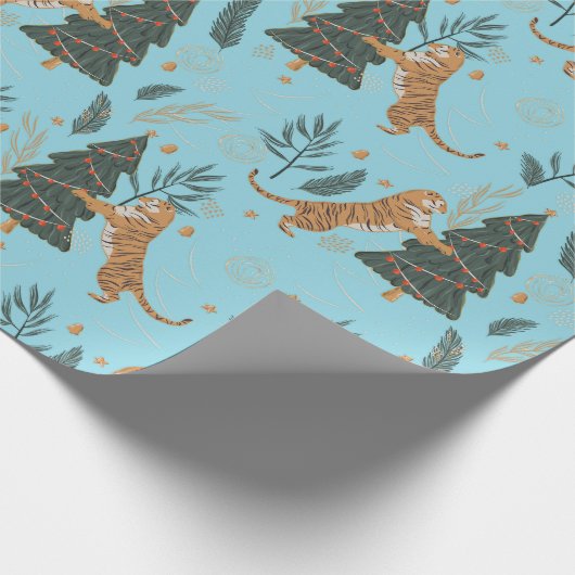 Christmas trees & tigers pattern Blue background Cadeaupapier (Hoek)