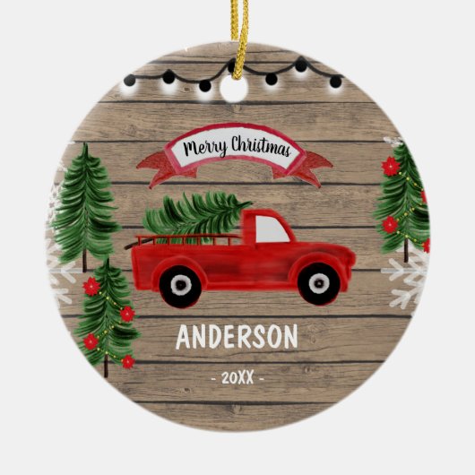CHRISTMAS TRUCK Rustic Family Kerstversiering Keramisch Ornament (Voorkant)