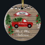 CHRISTMAS TRUCK Rustic Family Kerstversiering Keramisch Ornament<br><div class="desc">Waterverf Vintage van ons eerste kerstOrnament</div>