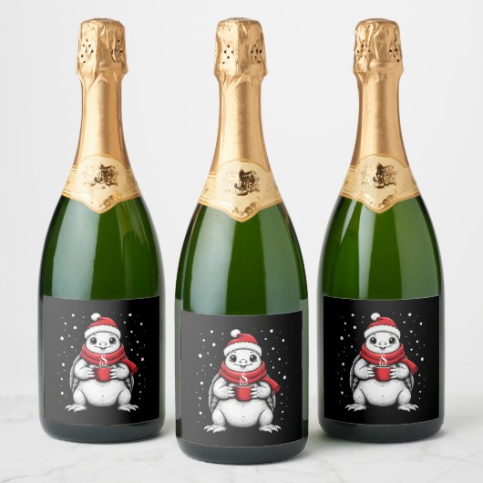 Christmas Turtle with Santa Hat Coffee Lover Funny Sparkling Wijnetiket (Flessen)