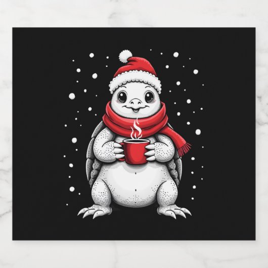 Christmas Turtle with Santa Hat Coffee Lover Funny Sparkling Wijnetiket (Enkel label)