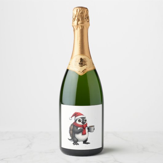 Christmas Turtle with Santa Hat Coffee Lover Funny Sparkling Wijnetiket (Voorkant)