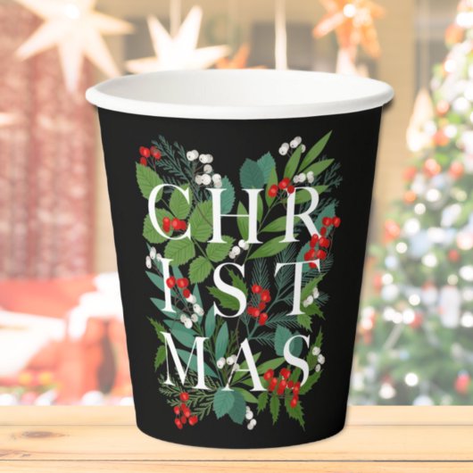 CHRISTMAS Typografie Berries Greenery Black Papieren Bekers