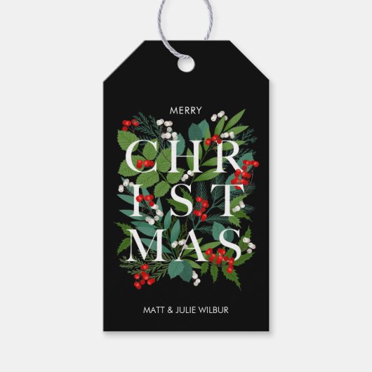 CHRISTMAS Typografie Greenery Berries Holiday Cadeaulabel (Voorkant)