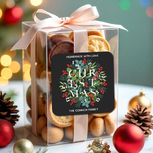 CHRISTMAS Typografie Holly Berries Homemade Vierkante Sticker