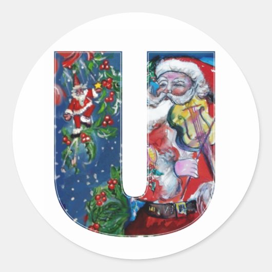 CHRISTMAS U BRIEF / SANTA MET VIOLIN MONOGRAM RONDE STICKER (Voorkant)