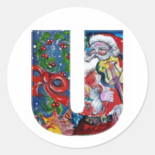 CHRISTMAS U BRIEF / SANTA MET VIOLIN MONOGRAM RONDE STICKER