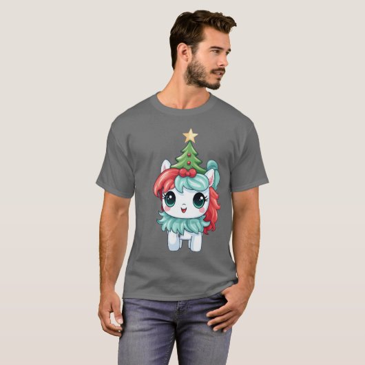 Christmas Unicorn with Christmasree and Star vinta T-shirt (Voorkant volledig)